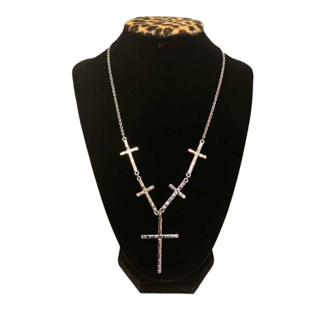 NEW! Multi Cross Necklace Five Hammered Lobster Clasp Closure Adjustable Silver